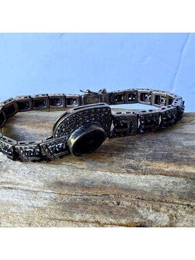 Vintage Sterling Silver Marcasite & Black Onyx Art Deco Bracelet 34.23g